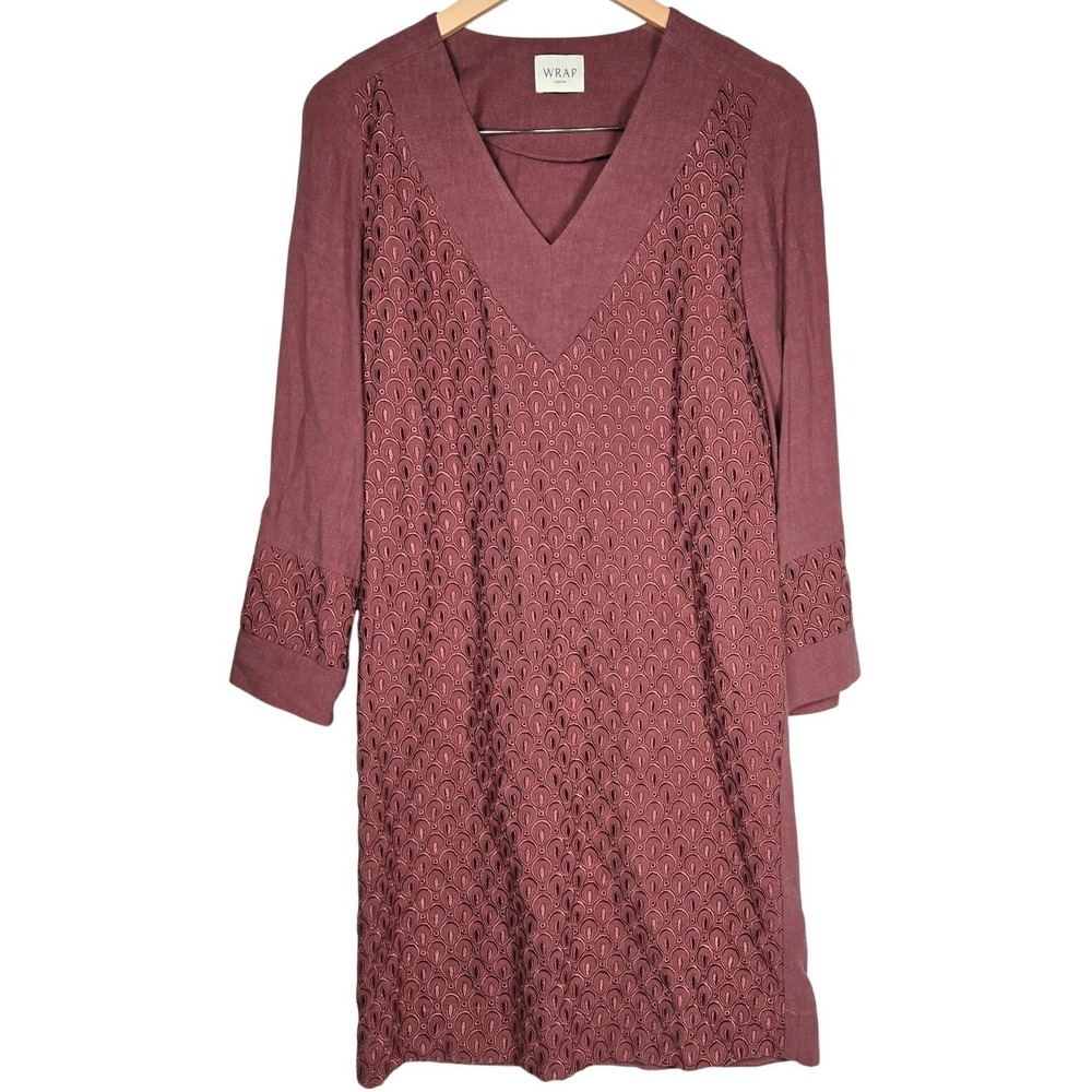 WRAP LONDON Linen Viscose Embroidered V Neck Dress Burgundy Size US 2